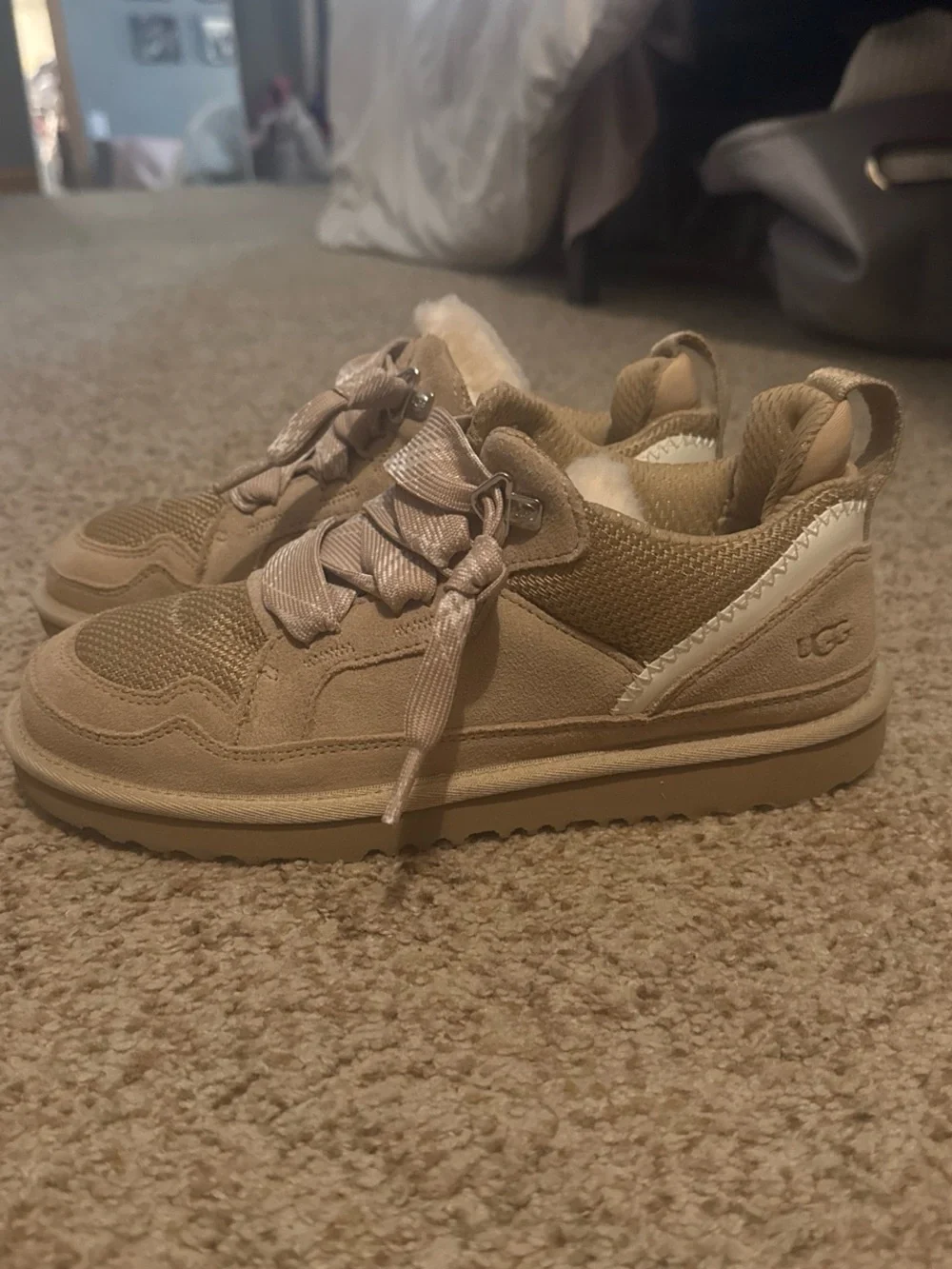 UGG Kids' Tan Suede & Mesh Lace-Up Sneakers! Can fit a woman 8-8.5 WORN ONCE!